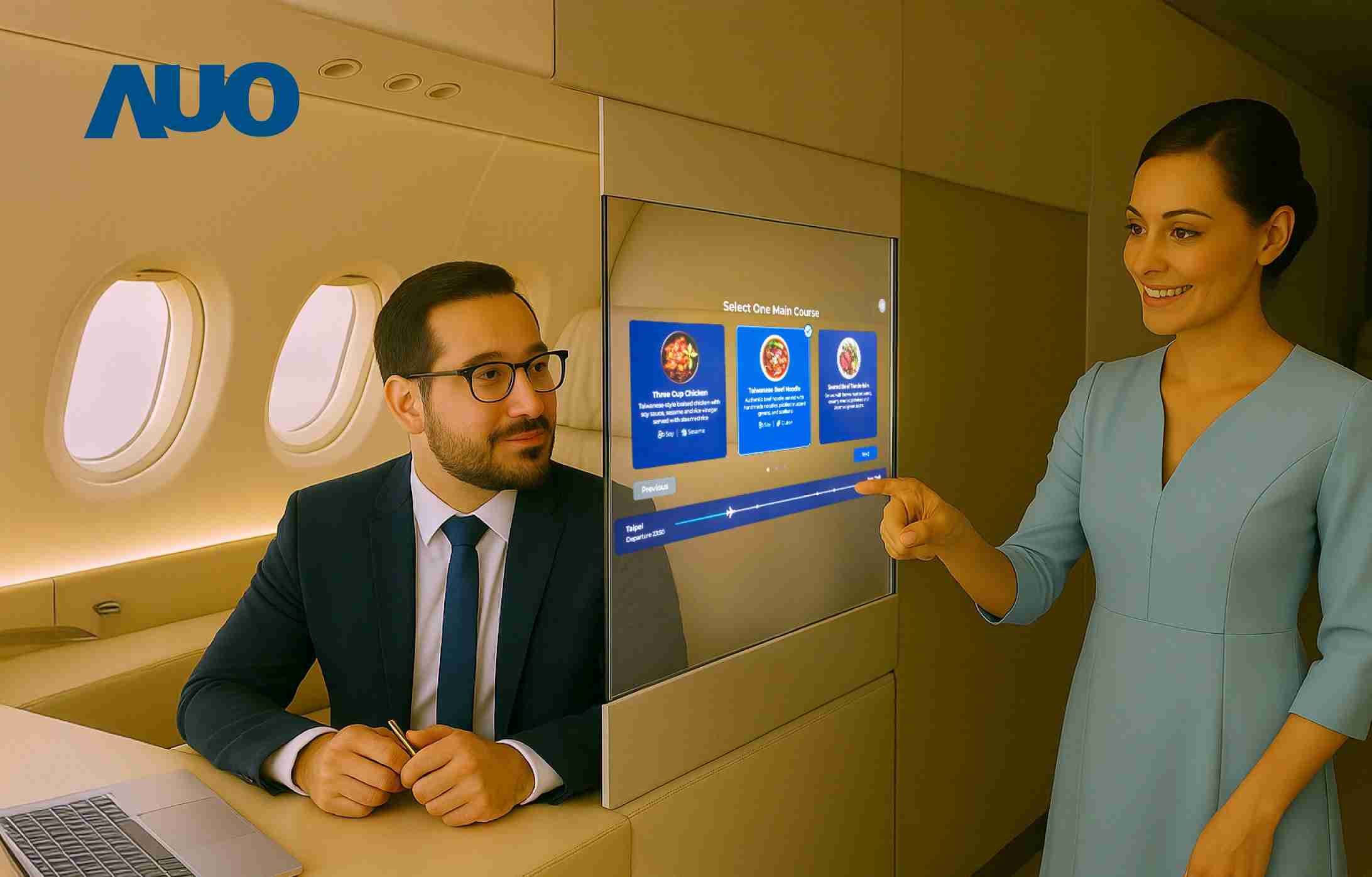 918.COM研发全球最薄17.3 吋双面透明 Micro LED 显示器，，，可在同一屏幕之双边投射不同信息，，创造独特的”透明化”互动；图为实时翻译交流应用情境